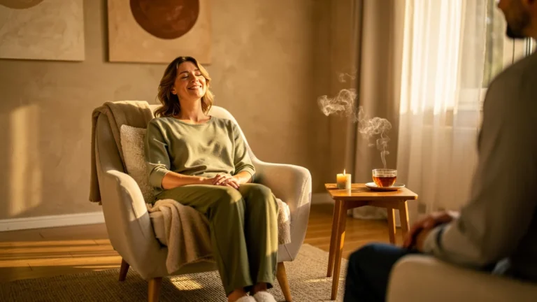 Femme en atelier d'hypnose lâchant prise rapidement dans une ambiance sereine et lumineuse