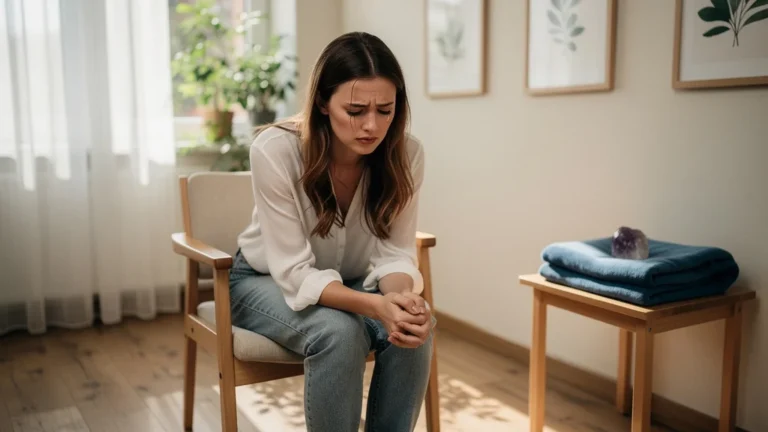 Jeune femme déçue lors de sa première séance de magnétisme, ambiance calme et réaliste en lumière naturelle