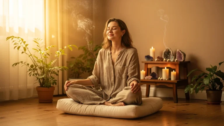 Femme détendue, épaules relâchées lors d’une harmonisation guidée, moment de calme et de sérénité