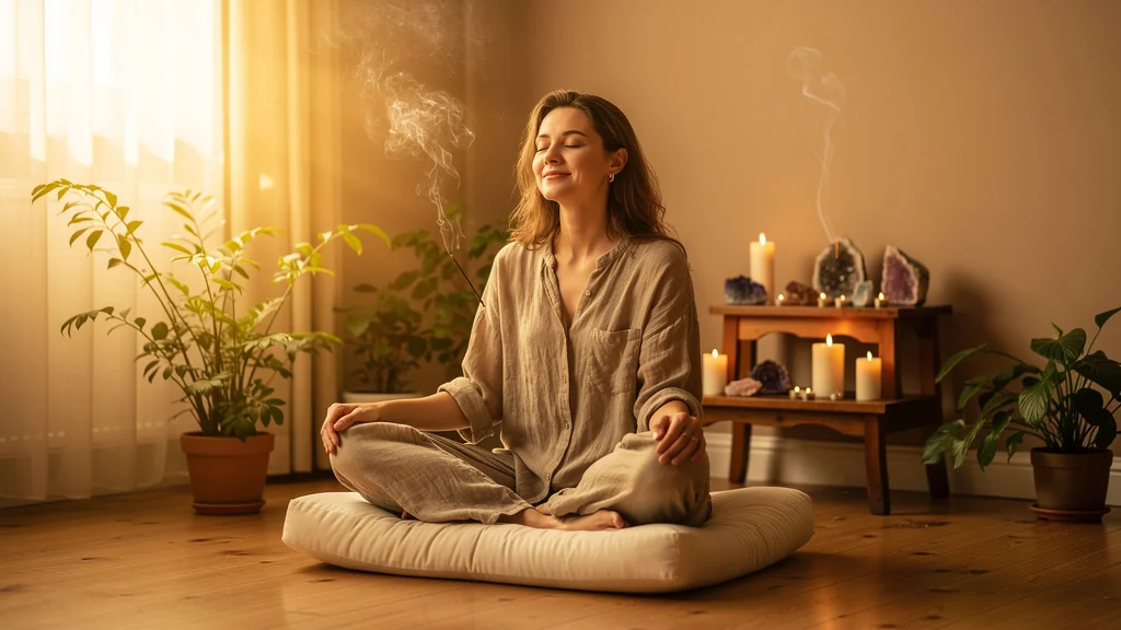 Femme détendue, épaules relâchées lors d’une harmonisation guidée, moment de calme et de sérénité