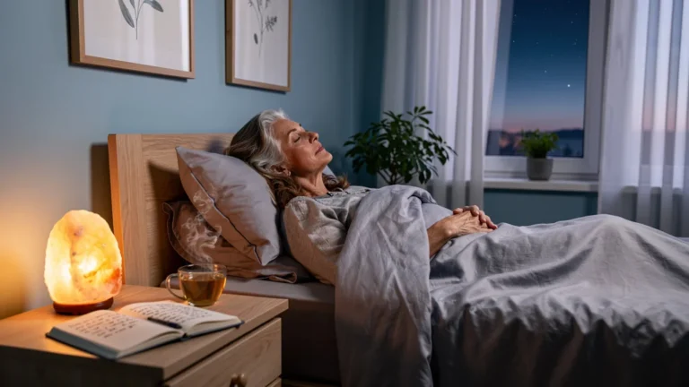 Femme de 52 ans en relaxation guidée dans une chambre apaisante après un mois de sommeil difficile