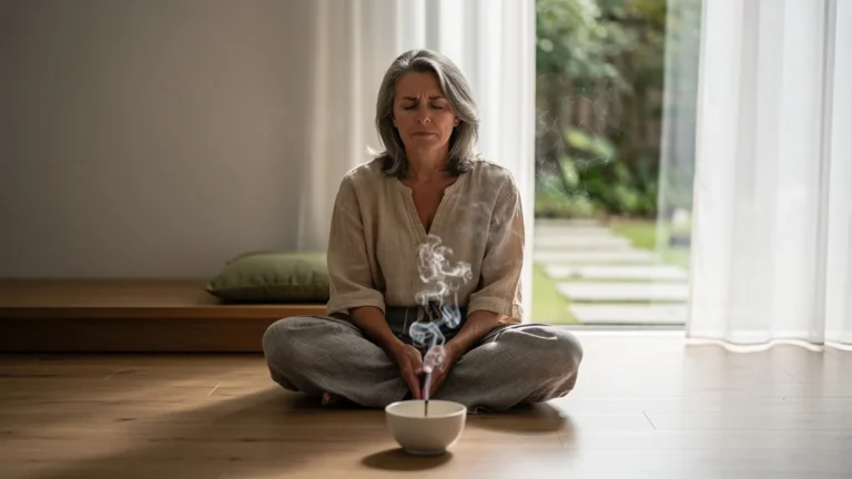 Femme en stage de relaxation troublée par le silence dans une pièce lumineuse et apaisante