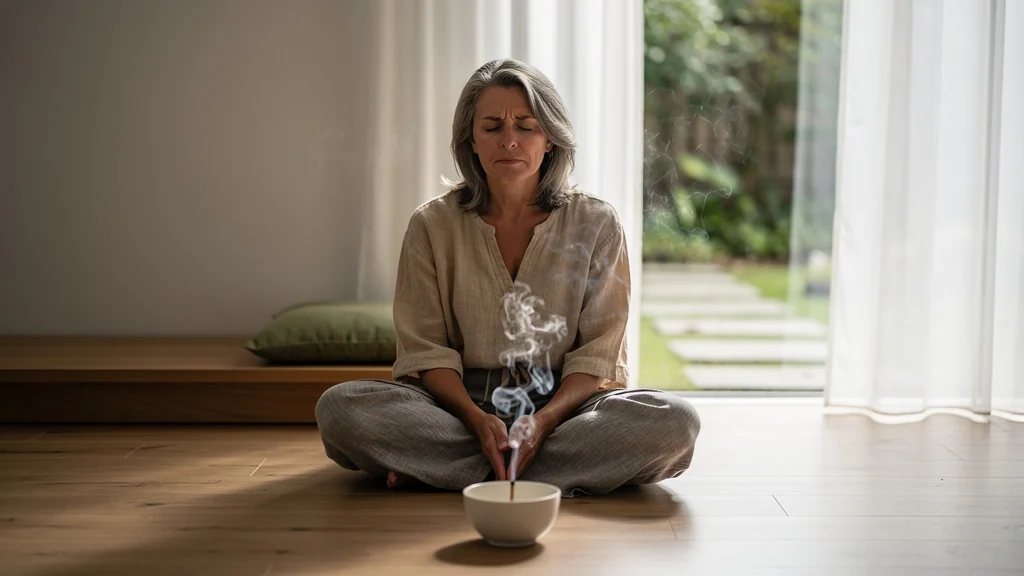 Femme en stage de relaxation troublée par le silence dans une pièce lumineuse et apaisante