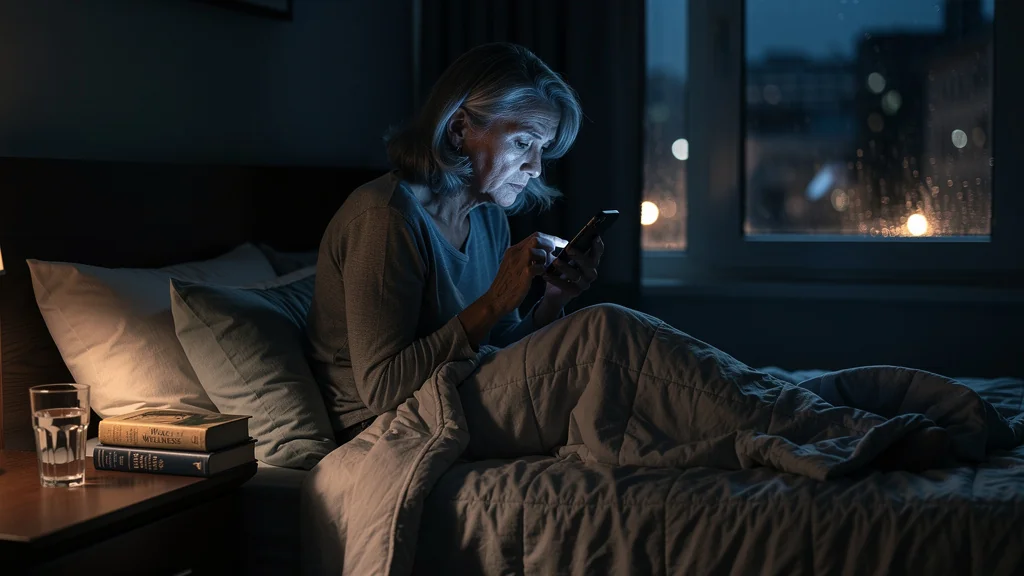 Femme de 52 ans fatiguée utilisant un smartphone au lit, sabotant ses nuits par les écrans tardifs