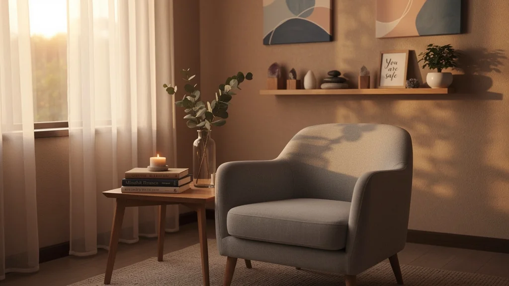 Salle de thérapie chaleureuse et apaisante illustrant l'accessibilité de l'hypnose douce pour tous