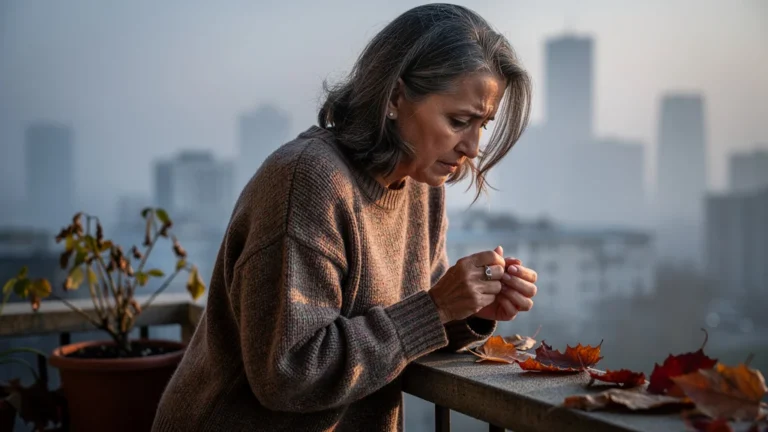 Femme de 52 ans sur balcon au lever du jour, illustrant la pression du lâcher-prise en quête de bien-être