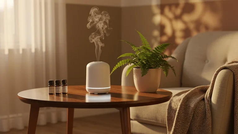 Brumisateur d'ambiance moderne remplaçant les huiles essentielles coûteuses dans un intérieur chaleureux