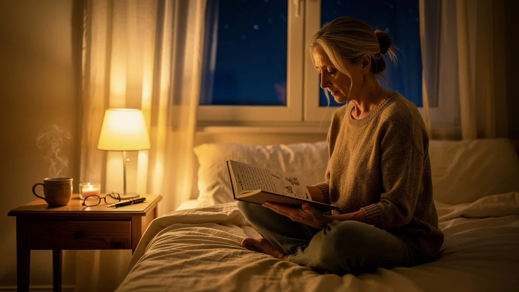 Femme quinquagénaire écrivant dans son journal au coucher, ambiance calme et introspective nocturne