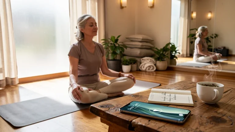 Studio de bien-être calme avec femme 50 ans comparant applis de relaxation et séances en atelier