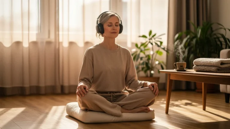 Femme de 52 ans méditant avec un casque anti-bruit d'occasion lors d'une séance de respiration apaisante