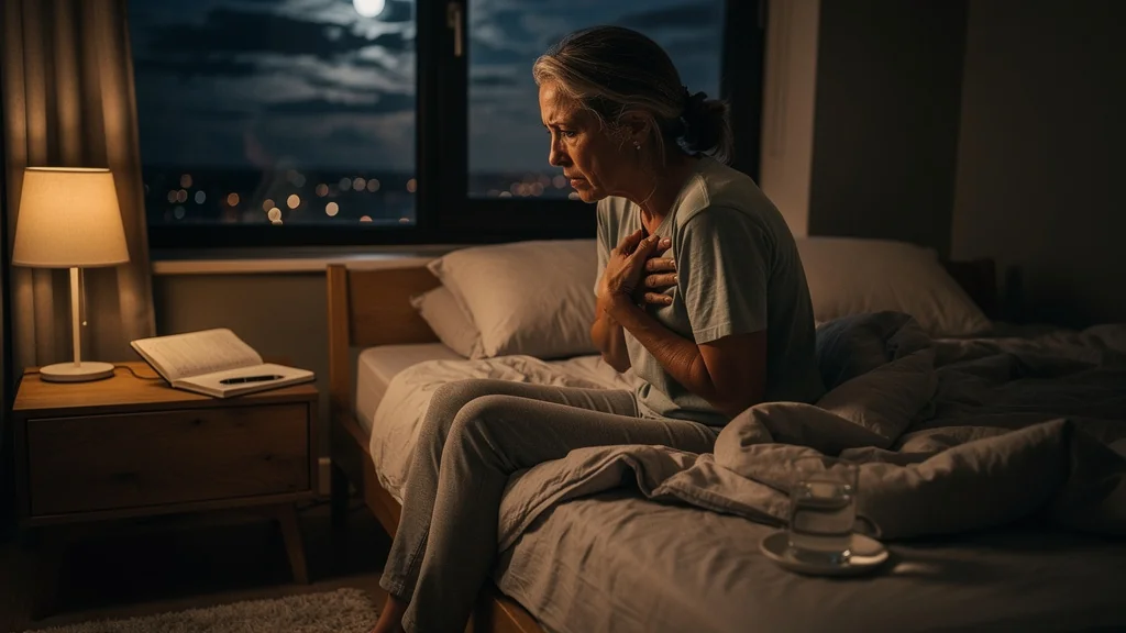 Femme de 52 ans stressée oubliant de respirer la nuit, aggravant ses troubles du sommeil