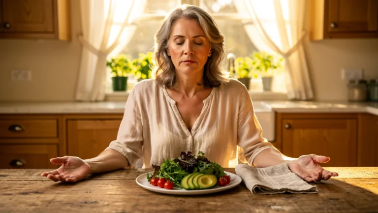Femme de 52 ans en pleine respiration consciente avant un repas sain dans une cuisine lumineuse et apaisante
