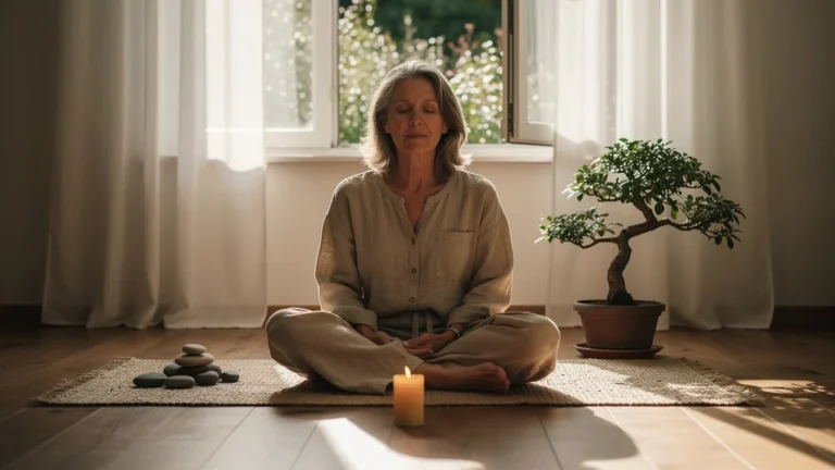 Femme méditant paisiblement pour sophrologie ou méditation, ambiance calme et lumineuse au réveil