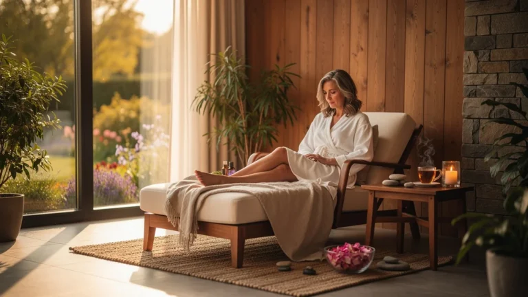 Femme de 52 ans en après-midi spa solo, moment de détente et de redécouverte de soi