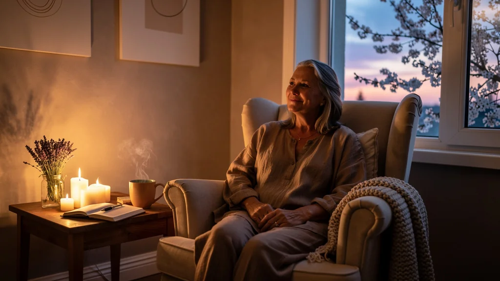 Femme apaisée en rituel du soir simple pour calmer des fins de journée agitées