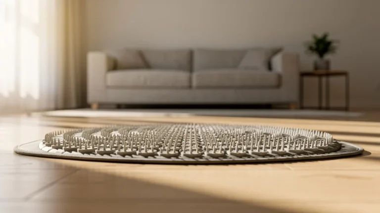Tapis d'acupression d'entrée de gamme posé au sol dans un salon minimaliste, lumière naturelle douce