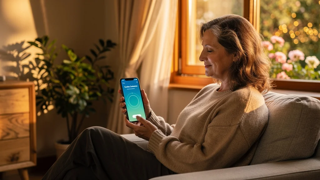 Femme de 52 ans méditant avec une appli de cohérence cardiaque gratuite, ambiance calme et lumineuse