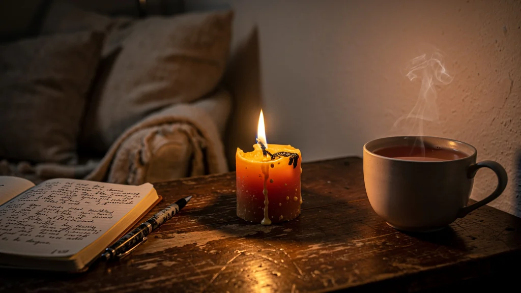 Bougie parfumée bas de gamme allumée pour un rituel du soir simple et apaisant