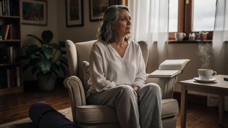 Femme de 52 ans déçue par la méditation trop longue, ambiance chaleureuse et introspective en intérieur