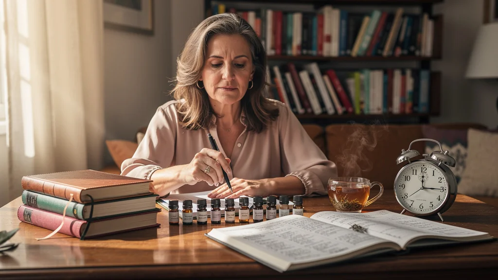 Femme de 52 ans stressée par la ritualisation excessive du quotidien dans un intérieur chaleureux et détaillé